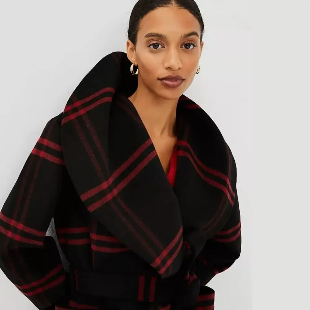 Ann Taylor Wool Blend Plaid Long Coat | Double Breasted Black Gray Red NWOT $300